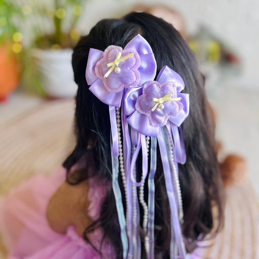Purple Ribbon & Pearl Tail Flower Bows - Set of 2 - Twisty Locks  - Kids Hair Accessories India