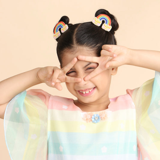 Rainbow Embroidered Hair Clips Set - Twisty Locks  - Kids Hair Accessories India
