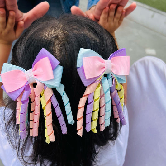 Ribbons Bow Hair Clips - Blue, Pink & Purple - Set of 2 - Twisty Locks  - Kids Hair Accessories India