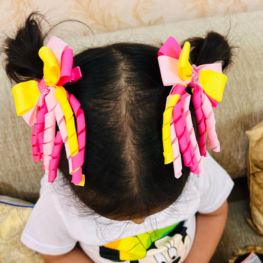 Ribbons Bow Hair Clips - Yellow & Pink - Set of 2 - Twisty Locks  - Kids Hair Accessories India