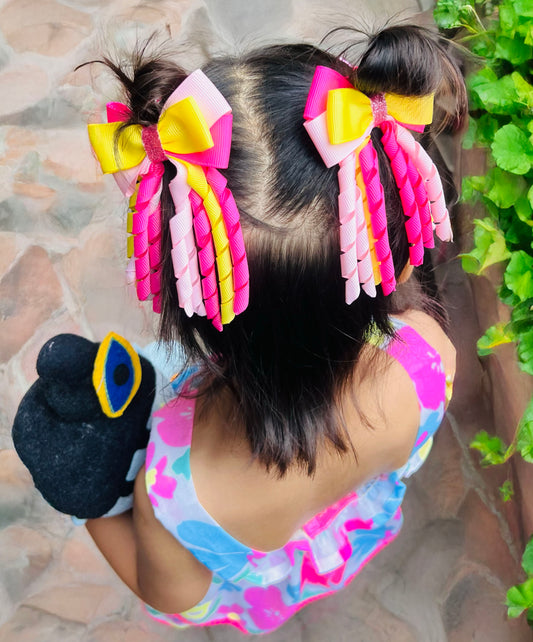 Ribbons Bow Hair Clips - Yellow & Pink - Set of 2 - Twisty Locks  - Kids Hair Accessories India