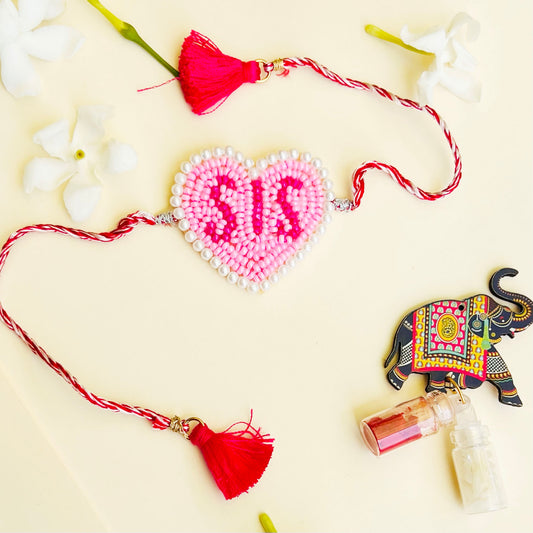 Sis Embroidered Rakhi with Roli & Chawal - Pink - Twisty Locks  - Kids Hair Accessories India