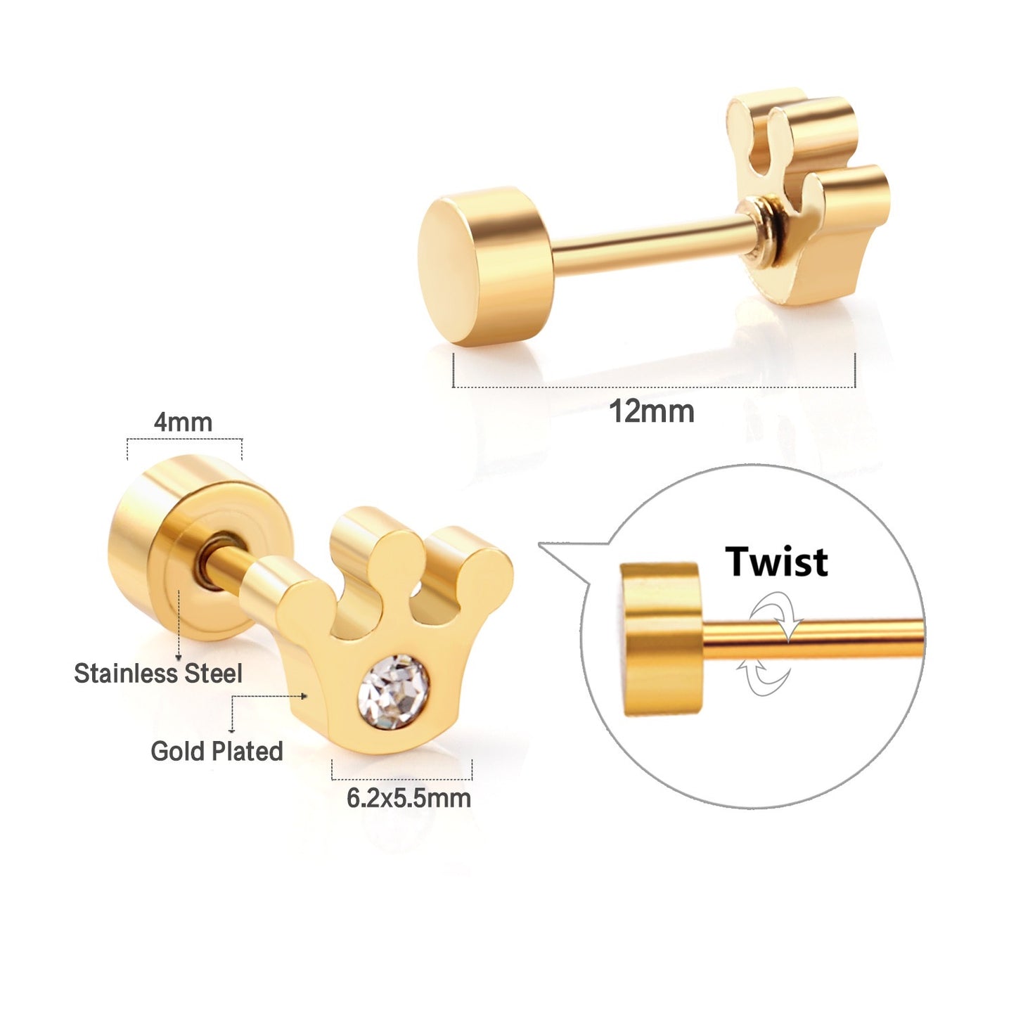 Sparkle Crown 18K Gold Plated Children's Earrings - Twisty Locks  - Kids and Women Hair Accessories, Fashion Clothing and Jewellery India