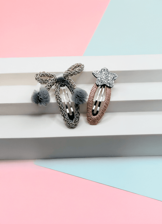 Star & Bow Tic Tac Pins – Silver & Pink Set of 2 - Twisty Locks  - Kids and Women Hair Accessories, Fashion Clothing and Jewellery India