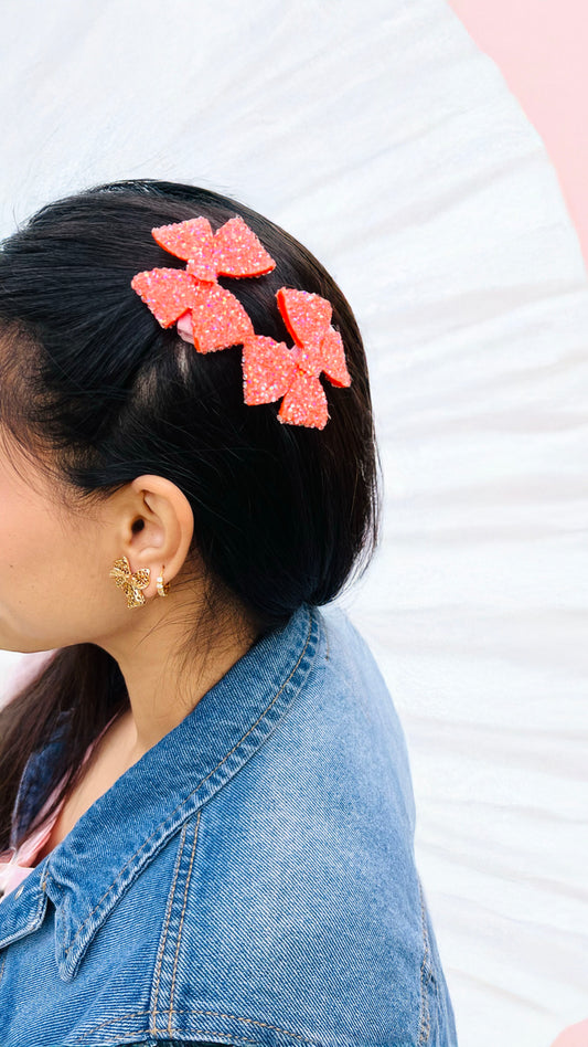 Sugar Crystal Bows - Coral Set of 2 - Twisty Locks  - Kids Hair Accessories India