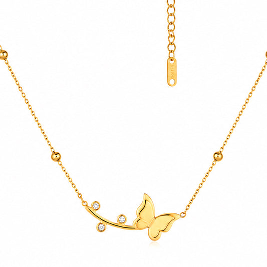 Butterfly & CZ Branch Satellite Chain 18K Gold Plated Necklace
