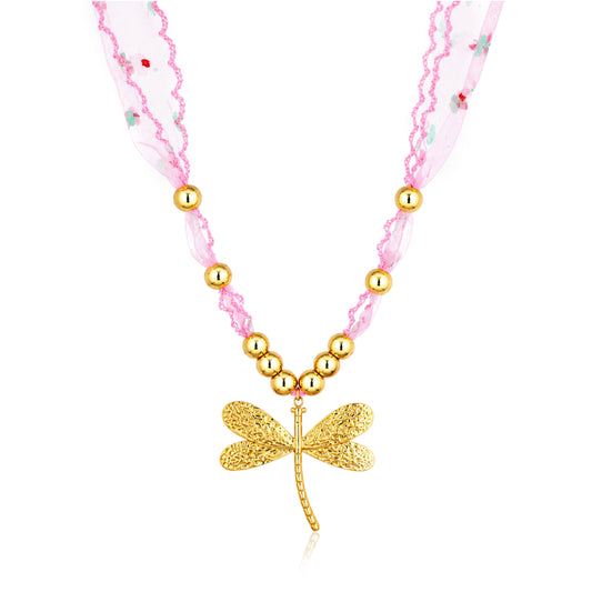 Dragonfly Ribbon Bead 18K Gold Plated Necklace