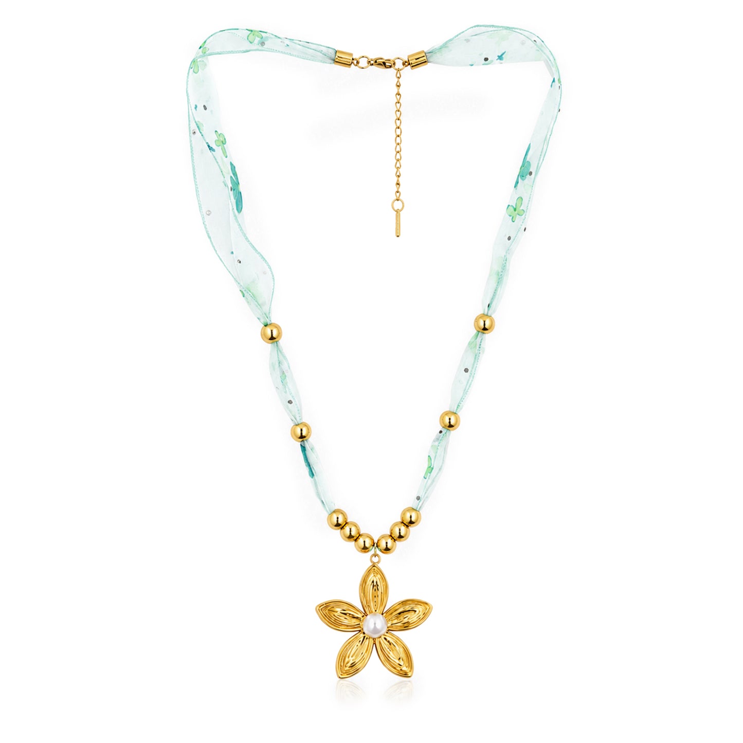 Filigree Flower Pearl Ribbon Bead 18K Gold Plated Necklace