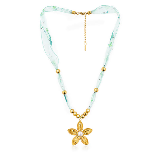 Filigree Flower Pearl Ribbon Bead 18K Gold Plated Necklace