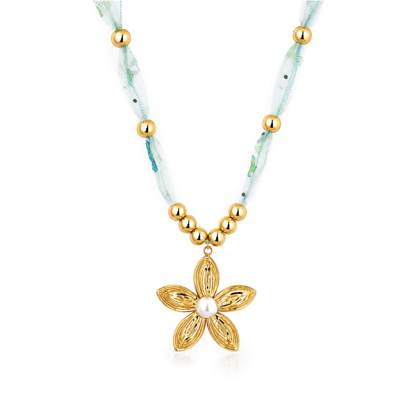 Filigree Flower Pearl Ribbon Bead 18K Gold Plated Necklace