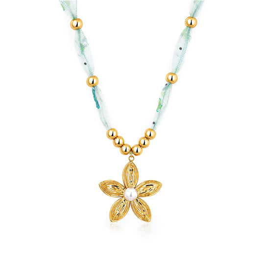 Filigree Flower Pearl Ribbon Bead 18K Gold Plated Necklace