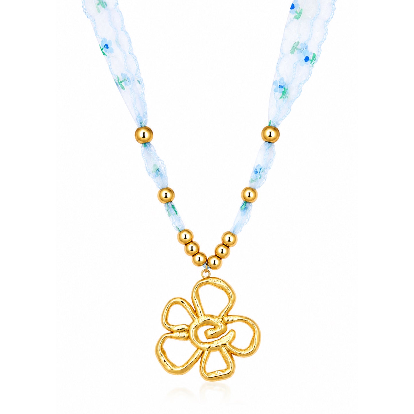 Open Flower Ribbon Bead 18K Gold Plated Necklace
