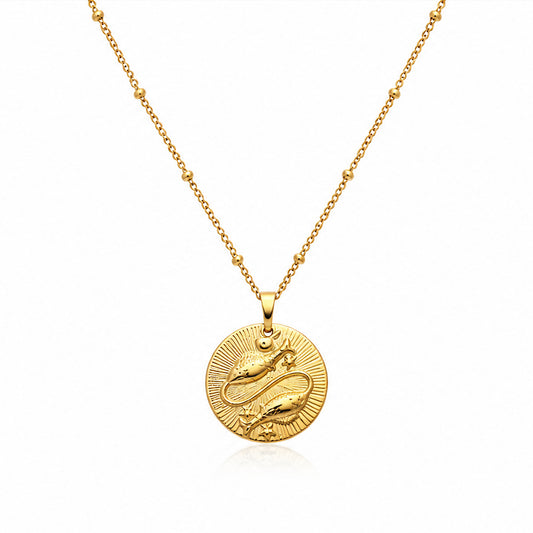 Pisces Zodiac Coin Satellite Chain 18K Gold Plated Necklace