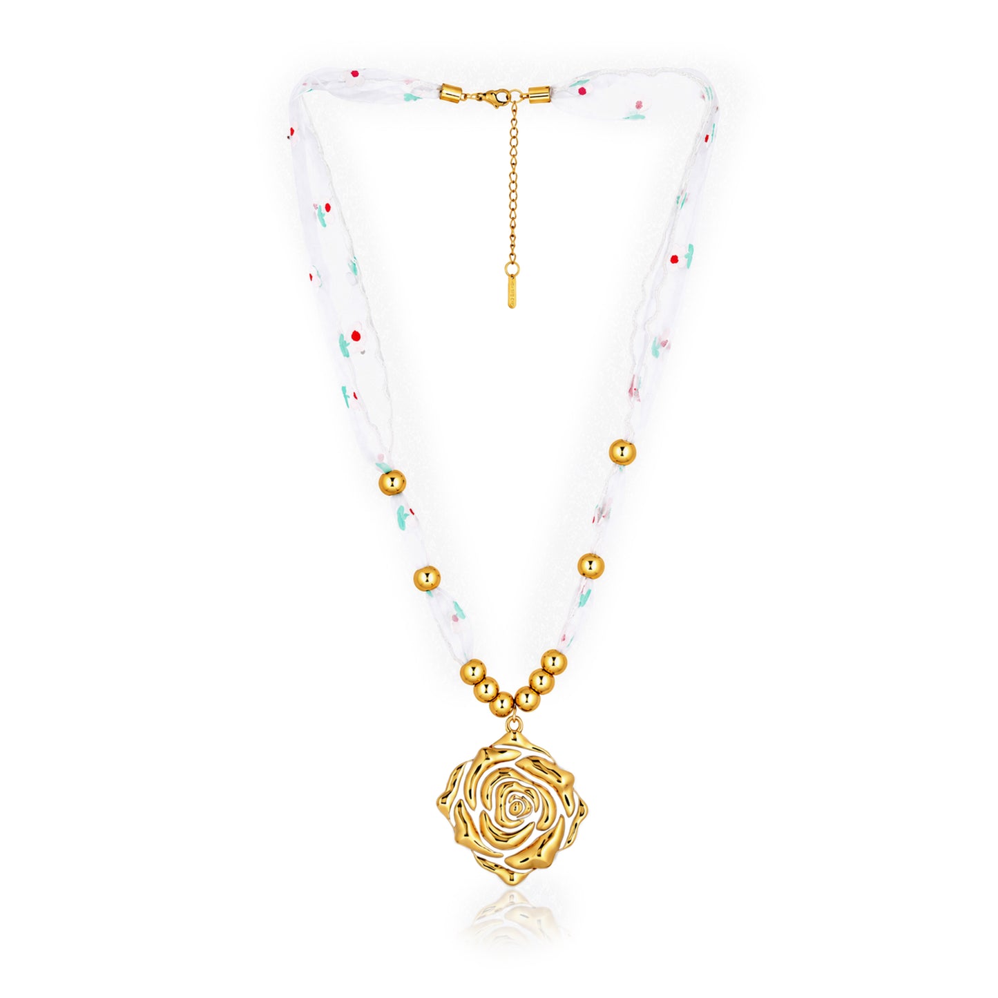 Rose Bloom Ribbon Bead 18K Gold Plated Necklace
