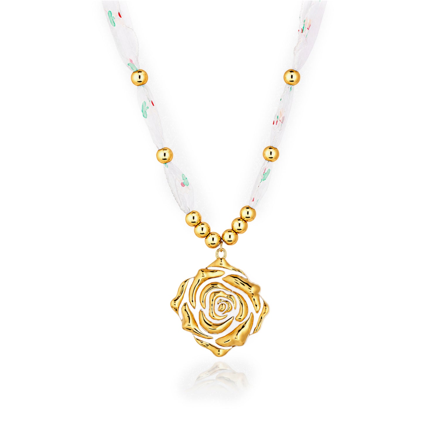 Rose Bloom Ribbon Bead 18K Gold Plated Necklace