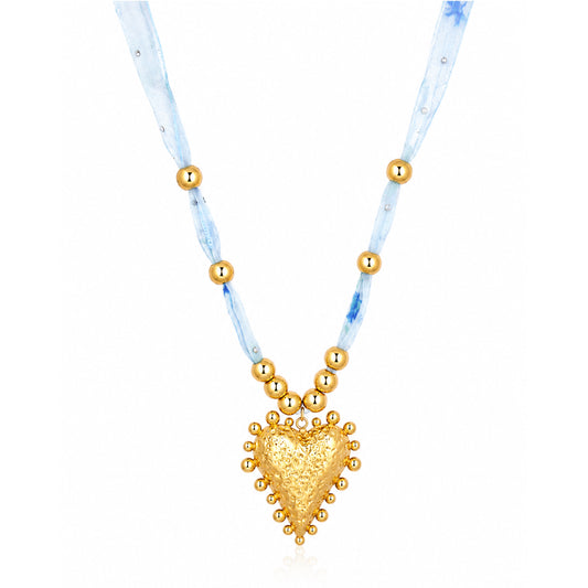 Sacred Heart Ribbon Bead 18K Gold Plated Necklace