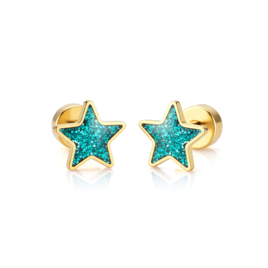 Teal Star gold earrings – main product shot on white by Twisty Locks