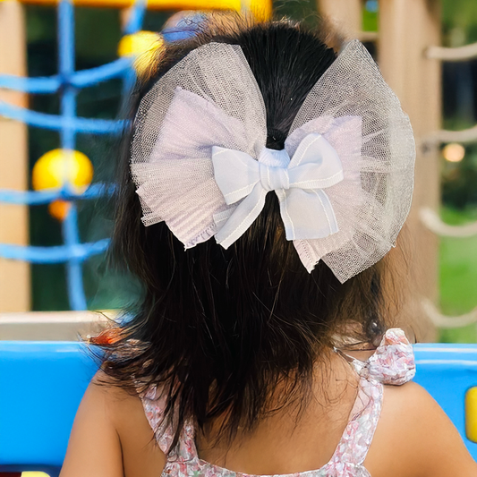 Tulle & Ribbon Blue Bow - Set of 1 - Twisty Locks  - Kids Hair Accessories India