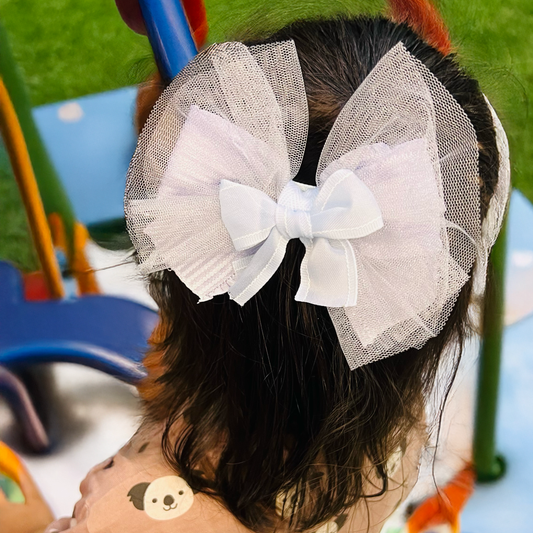 Tulle & Ribbon Blue Bow - Set of 1 - Twisty Locks  - Kids Hair Accessories India