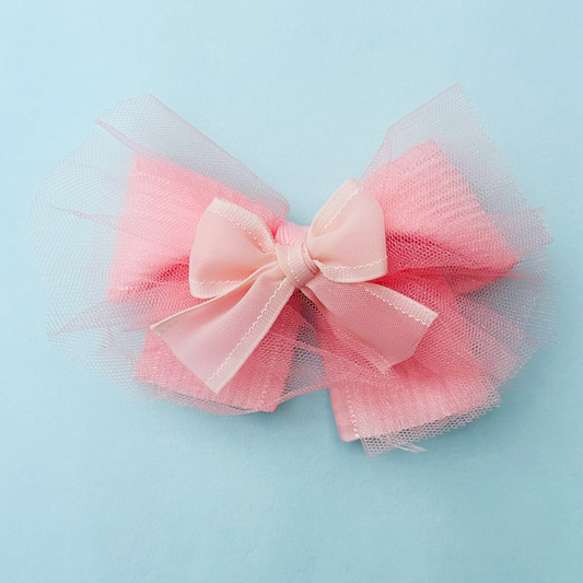 Tulle & Ribbon Peach Bow - Set of 1 - Twisty Locks  - Kids Hair Accessories India