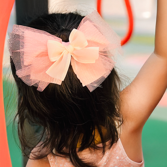 Tulle & Ribbon Pink Bow - Set of 1 - Twisty Locks  - Kids Hair Accessories India