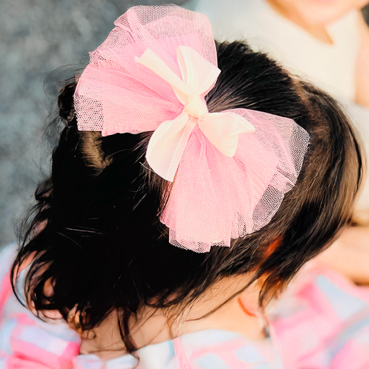 Tulle & Ribbon Pink Bow - Set of 1 - Twisty Locks  - Kids Hair Accessories India