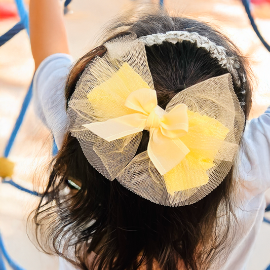 Tulle & Ribbon Yellow Bow - Set of 1 - Twisty Locks  - Kids Hair Accessories India