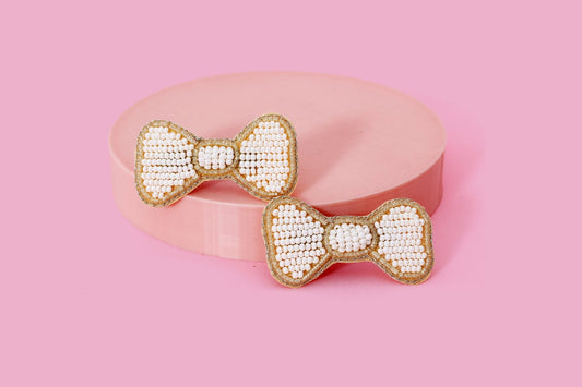 White Bow Embroidered Clips Set - Twisty Locks  - Kids Hair Accessories India