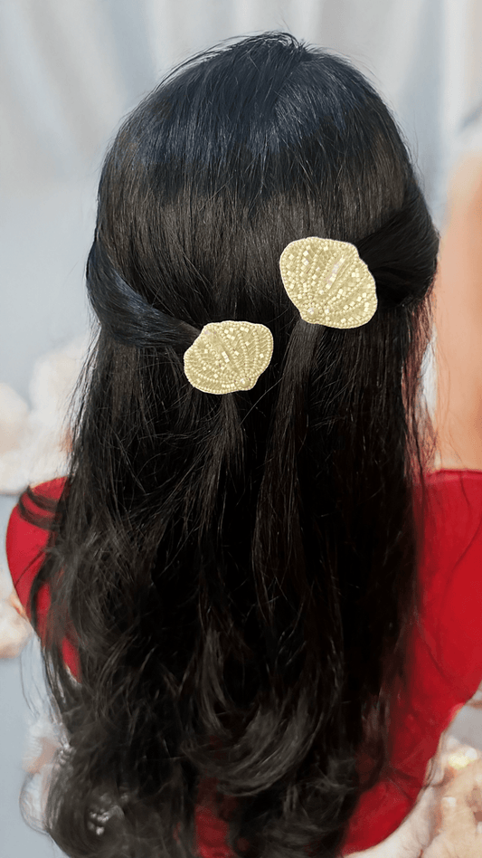 White Seashell Embroidered Hair Clips Set - Twisty Locks  - Kids and Women Hair Accessories, Fashion Clothing and Jewellery India