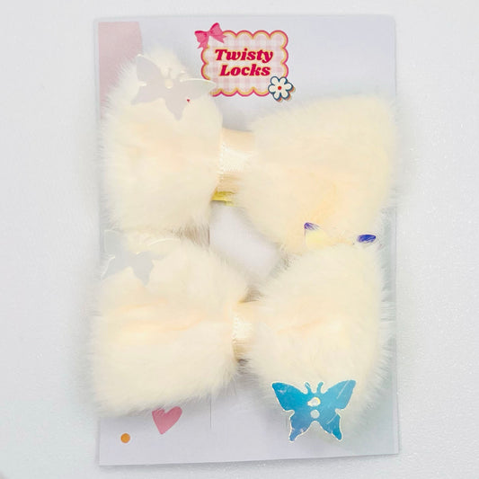 Yellow Furry Bow Clips - Set of 2 - Twisty Locks  - Kids Hair Accessories India