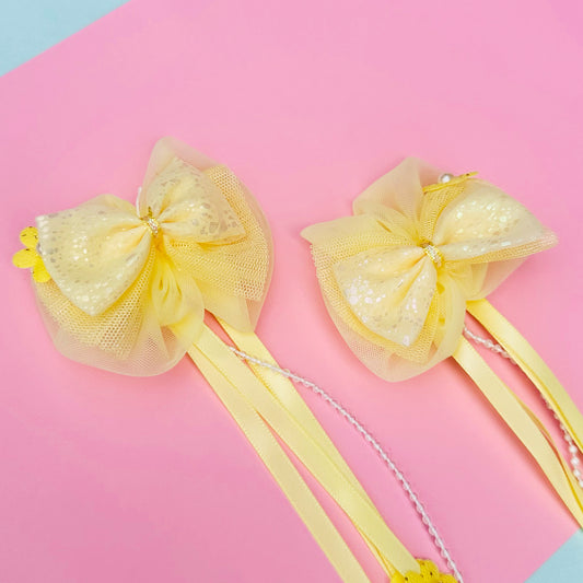 Yellow Ribbon & Pearl Tail Bows - Set of 2 - Twisty Locks  - Kids Hair Accessories India