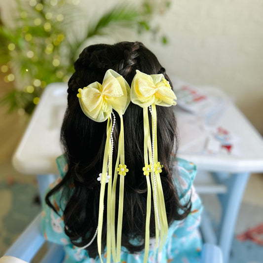 Yellow Ribbon & Pearl Tail Bows - Set of 2 - Twisty Locks  - Kids Hair Accessories India
