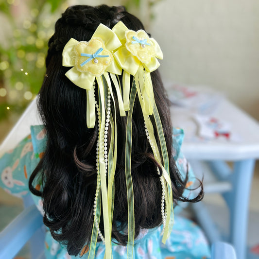 Yellow Ribbon & Pearl Tail Flower Bows - Set of 2 - Twisty Locks  - Kids Hair Accessories India