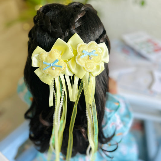 Yellow Ribbon & Pearl Tail Flower Bows - Set of 2 - Twisty Locks  - Kids Hair Accessories India