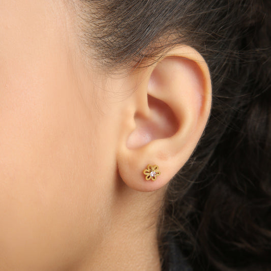 Pink Diamond Flower kids earrings on model – gold jewellery for little ones by Twisty Locks