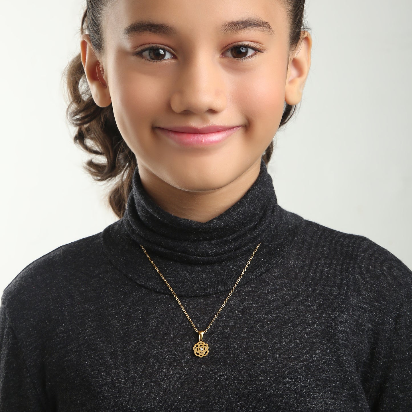 Sparkle Rose kids necklace on model – gold jewellery for little ones by Twisty Locks