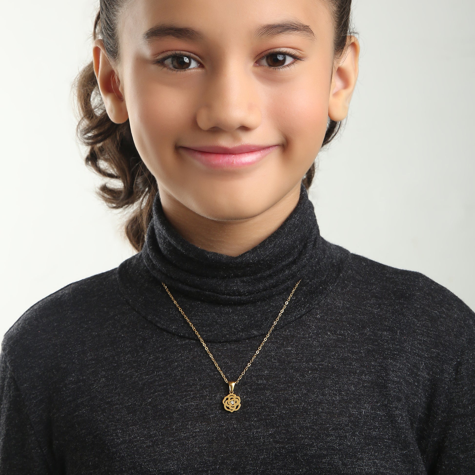 Sparkle Rose kids necklace on model – gold jewellery for little ones by Twisty Locks
