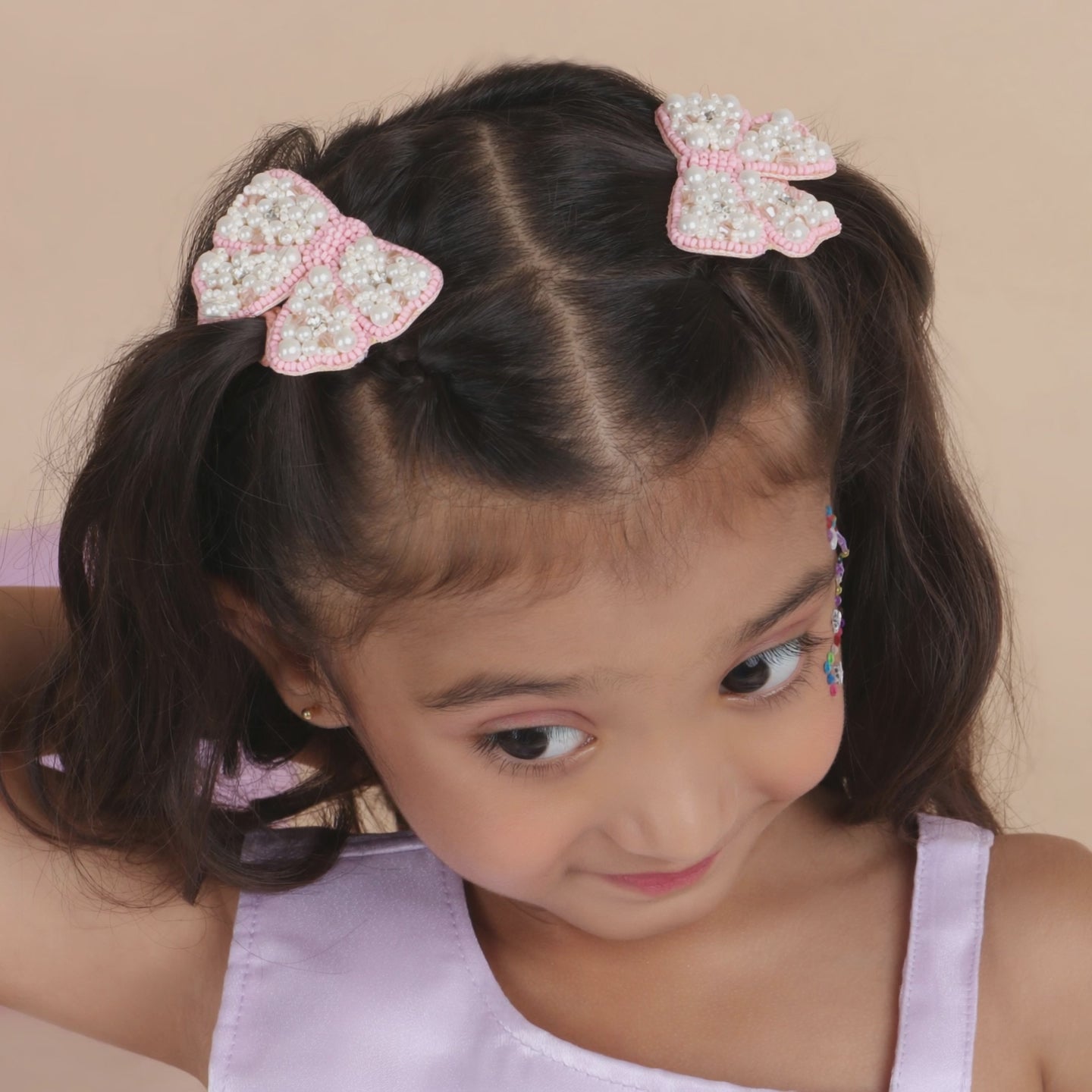 Pink Bows Embroidered Hair Clips Set - Twisty Locks  - Kids Hair Accessories India