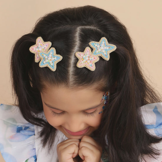 Blue Stars Embroidered Hair Clips Set - Twisty Locks  - Kids Hair Accessories India